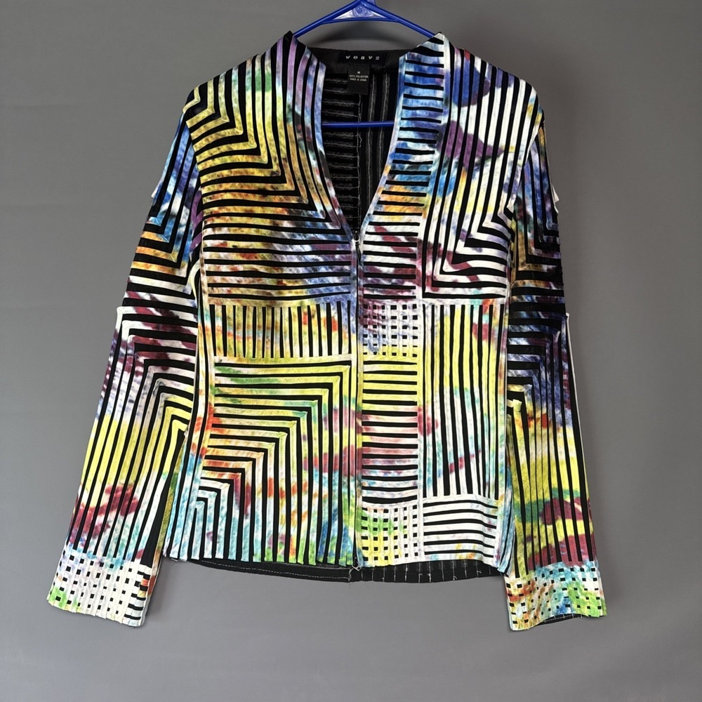 WEAVZ Bold Art To Wear Tie Dye Ribbon on Black Mesh Zip Jacket Sz Medium